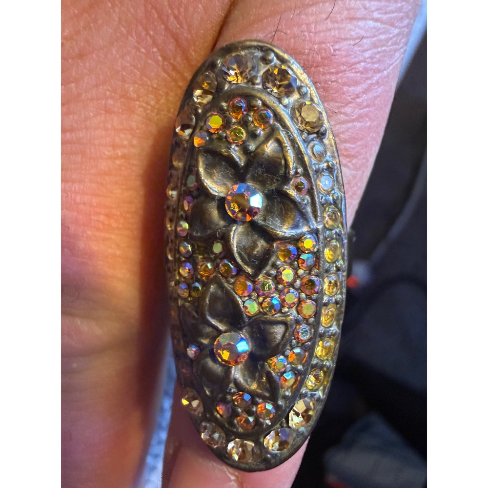 Vintage Style Floral Oval Cocktail Ring Aurora Borealis Rhinestones Bronze‎ Tone